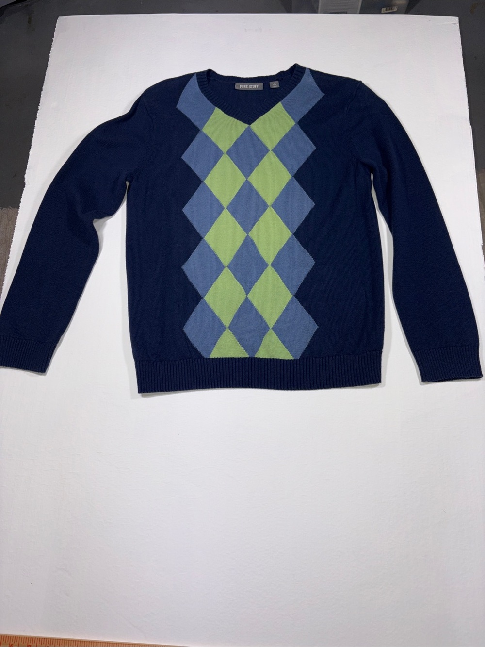 Pure Stuff Navy Crewneck Sweater with Blue and Green Argyle
